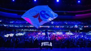 Philadelphia 76ers mascot Franklin waves the flag during pre-game introductions prior to the NBA basketball game against the Brooklyn Nets, April 14, 2024, in Philadelphia. (Chris Szagola/AP)
