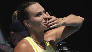 Aryna Sabalenka of Belarus celebrates after defeating Mirra Andreeva of Russia during their fourth round match at the Australian Open tennis championship in Melbourne, Australia, Sunday, Jan. 19, 2025. (Mark Baker/AP)