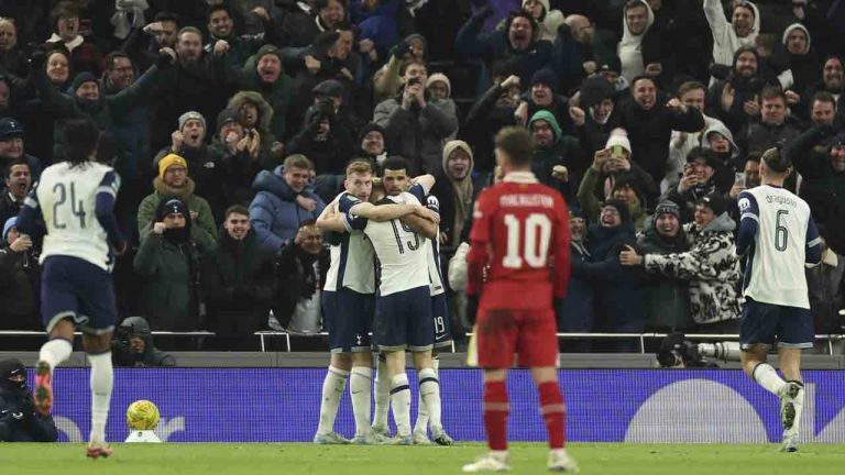 Tottenham's Dominic Solanke celebrates with teammates after scores a disallowed goal during the English League Cup semi final first leg soccer match between Tottenham and Liverpool, at the Tottenham Hotspur Stadium in London, Wednesday, Jan. 8, 2025. (Ian Walton/AP)