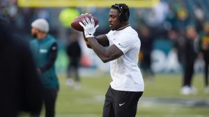 Philadelphia Eagles wide receiver A.J. Brown (11) warms up before an NFL wild-card playoff football game against the Green Bay Packers on Sunday, Jan. 12, 2025, in Philadelphia. (Chris Szagola/AP)