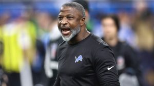 Detroit Lions defensive co-ordinator Aaron Glenn watches during warmups before an NFL divisional playoff game against the Washington Commanders, Saturday, Jan. 18, 2025, in Detroit. (AP/Mike Mulholland)