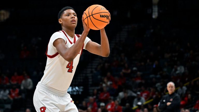 Rutgers guard Ace Bailey attempts a free throw during the first half of an NCAA college basketball game. (David Becker/AP)