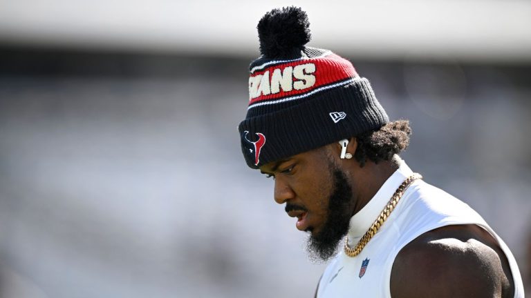 Houston Texans linebacker Azeez Al-Shaair warms up before an NFL football game against the Jacksonville Jaguars, Sunday, Dec. 1, 2024, in Jacksonville, Fla. (Phelan M. Ebenhack/AP)