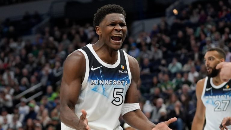 Minnesota Timberwolves guard Anthony Edwards (5) reacts toward a referee after being called for a turnover during the first half of an NBA basketball game against the Boston Celtics, Thursday, Jan. 2, 2025, in Minneapolis. (Abbie Parr/AP)