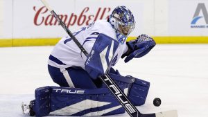 Toronto Maple Leafs goaltender Anthony Stolarz makes a save during the second period of an NHL game against the New Jersey Devils Tuesday, Dec. 10, 2024, in Newark, N.J. (AP/Adam Hunger)