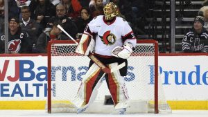 Ottawa Senators' Anton Forsberg stands in the goal during the first period of an NHL hockey game against the New Jersey Devils. (Pamela Smith/AP)