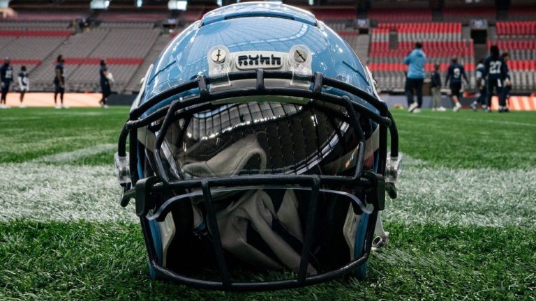 A Toronto Argonauts helmet is shown on the field during football practice ahead of the 111th CFL Grey Cup, in Vancouver, B.C., Thursday, Nov. 14, 2024. (THE CANADIAN PRESS/Ethan Cairns)