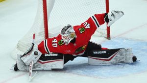 Chicago Blackhawks goalie Arvid Soderblom makes a save during the second period of an NHL game against the Montreal Canadiens, Jan. 3, 2025, in Chicago. (AP/Paul Beaty)