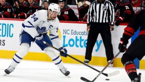 Toronto Maple Leafs' Auston Matthews (34) controls the puck against the Carolina Hurricanes during the first period of an NHL hockey game in Raleigh, N.C., Thursday, Jan. 9, 2025. (Karl DeBlaker/AP)