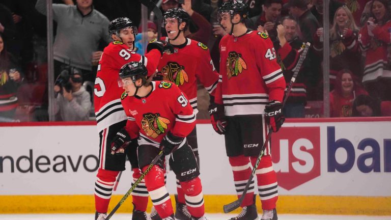 Chicago Blackhawks centre Connor Bedard (98) skates back to the bench after getting the puck past Colorado Avalanche goaltender Trent Miner (50) but it is declared no goal during the second period of an NHL hockey game Wednesday, Jan. 8, 2025, in Chicago. (Erin Hooley/AP)