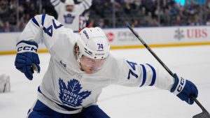 Toronto Maple Leafs' Bobby McMann (74) celebrates after scoring a goal during the third period of an NHL hockey game. (Frank Franklin II/AP)