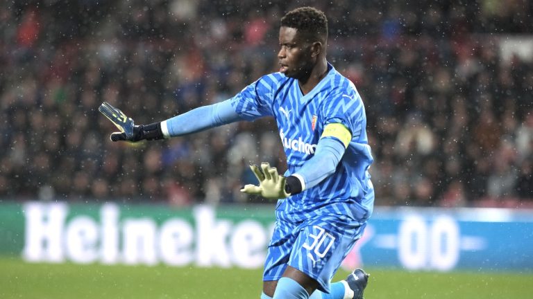 Lens' goalkeeper Brice Samba in action during the Champions League, Group B soccer match between PSV Eindhoven and Lens, at Philips stadium in Eindhoven, Netherlands, Wednesday, Nov. 8, 2023. (Patrick Post/AP)