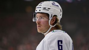 Vancouver Canucks' Brock Boeser in action during an NHL hockey game against the Philadelphia Flyers, Saturday, Oct. 19, 2024, in Philadelphia. (Derik Hamilton/AP)