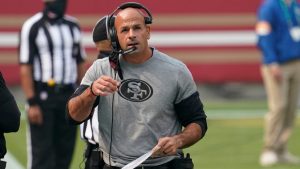 San Francisco 49ers defensive coordinator Robert Saleh is shown during an NFL football game against Arizona Cardinals, in Santa Clara, Calif., on Sept. 13, 2020 (AP Photo/Tony Avelar)