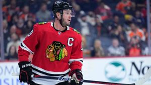 Chicago Blackhawks' Jonathan Toews plays during the team's NHL hockey game against the Philadelphia Flyers on Jan. 19, 2023, in Philadelphia. (Matt Slocum/AP)