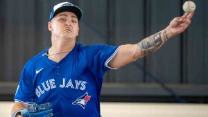 Toronto Blue Jays Ricky Tiedemann throws at Spring Training action in Dunedin, Fla. on Wednesday, February 21, 2024. (Frank Gunn/CP)