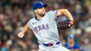 Texas Rangers starter Max Scherzer delivers a pitch during the first inning of a baseball game against the Texas Rangers, Saturday, Sept. 14, 2024, in Seattle. (Stephen Brashear/AP)