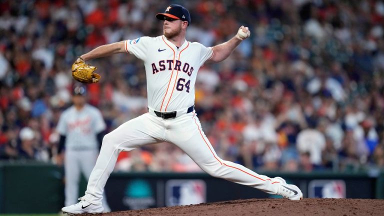 Houston Astros pitcher Caleb Ferguson throws during the eighth inning of Game 1 of an AL Wild Card Series baseball game against the Detroit Tigers, Tuesday, Oct. 1, 2024, in Houston. (AP/Kevin M. Cox)