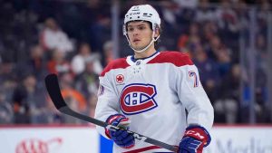 Montreal Canadiens' Jake Evans plays during an NHL hockey game, Sunday, Oct. 27, 2024, in Philadelphia. (Matt Slocum/AP)