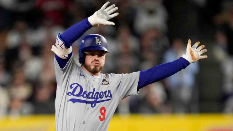 Los Angeles Dodgers' Gavin Lux celebrates a double against the New York Yankees during the second inning in Game 4 of the baseball World Series, Tuesday, Oct. 29, 2024, in New York. (Ashley Landis/AP)