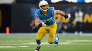 Los Angeles Chargers linebacker Joey Bosa (97) runs during an NFL football game against the Tennessee Titans, Sunday, Nov. 10, 2024, in Inglewood, Calif. (Kyusung Gong/AP)