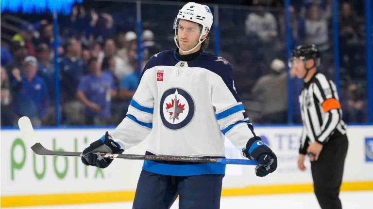 Winnipeg Jets defenceman Colin Miller (6) against the Tampa Bay Lightning during the third period of an NHL hockey game Thursday, Nov. 14, 2024, in Tampa, Fla. (Chris O'Meara/AP)