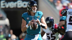 Jacksonville Jaguars quarterback Trevor Lawrence looks for an open receiver from the pocket during an NFL game against the Houston Texans, Sunday, Dec. 1, 2024, in Jacksonville, Fla. (AP/Peter Joneleit)