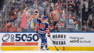 Edmonton Oilers' Corey Perry (90) celebrates a goal against the St. Louis Blues during first period NHL action in Edmonton on Saturday, December 7, 2024. (Jason Franson/CP)