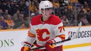 Calgary Flames centre Martin Pospisil (76) Plays during the first period of an NHL hockey game against the Nashville Predators, Tuesday, Dec. 10, 2024, in Nashville, Tenn. (George Walker IV/AP)