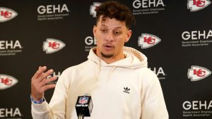 Kansas City Chiefs quarterback Patrick Mahomes speaks at a news conference following an NFL football game between the Kansas City Chiefs and the Pittsburgh Steelers Wednesday, Dec. 25, 2024. (AP Photo/Matt Freed)