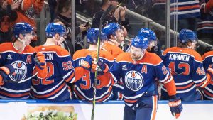 Edmonton Oilers' Leon Draisaitl (29) celebrates a goal against the Anaheim Ducks during third period NHL action in Edmonton on Friday, January 3, 2025. (Jason Franson/CP)