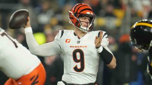 Cincinnati Bengals quarterback Joe Burrow (9) throws a pass during the first half of an NFL football game against the Pittsburgh Steelers. (Gene J. Puskar/AP)