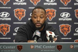 Chicago Bears interim head coach Thomas Brown speaks to members of the media at Halas Hall a day after the team's last game of the season against Green Bay, Monday, Jan. 6, 2025, in Chicago. (AP/Erin Hooley)