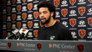 Chicago Bears quarterback Caleb Williams speaks to members of the media at Halas Hall a day after the team's last game of the season against Green Bay, in Chicago. (AP Photo/Erin Hooley)