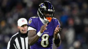 Baltimore Ravens quarterback Lamar Jackson reacts during the first half of an NFL football game against the Cleveland Browns, Saturday, Jan. 4, 2025, in Baltimore. (AP/Nick Wass)