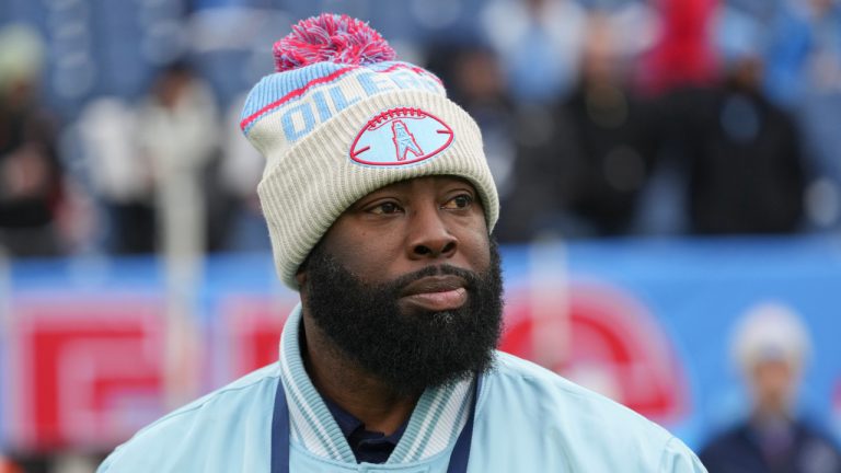 Tennessee Titans general manager Ran Carthon before an NFL football game against the Houston Texans, Sunday, Jan. 5, 2025, in Nashville, Tenn. (AP Photo/George Walker IV)