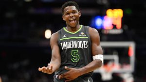 Minnesota Timberwolves guard Anthony Edwards reacts after making a 3-point basket during the second half of an NBA basketball game against the Washington Wizards, Monday, Jan. 13, 2025, in Washington. (Nick Wass/AP)