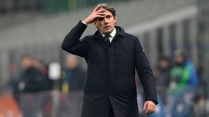 Inter Milan's head coach Simone Inzaghi reacts during a Serie A soccer match between Inter Milan and Bologna the San Siro stadium in Milan, Italy, Wednesday, Jan. 15, 2025. (AP/Luca Bruno)