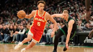 Atlanta Hawks' Dyson Daniels during the second half of an NBA basketball game, Saturday, Jan. 18, 2025, in Boston. (Robert F. Bukaty/AP)