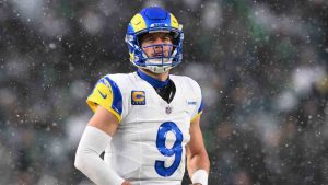 Los Angeles Rams quarterback Matthew Stafford (9) looks on between plays during the first half of an NFL divisional playoff football game against the Philadelphia Eagles, Sunday, Jan. 19, 2025, in Philadelphia. (Terrance Williams/AP)