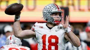 Ohio State quarterback Will Howard passes against Notre Dame during second half of the College Football Playoff national championship game in Atlanta. (AP Photo/Butch Dill)