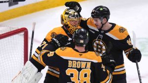 Boston Bruins goaltender Joonas Korpisalo (70) is congratulated after shutting out the Ottawa Senators in an NHL hockey game, Thursday, Jan. 23, 2025, in Boston. (Charles Krupa/AP)