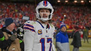 Buffalo Bills quarterback Josh Allen (17) walks off the field after losing the AFC Championship NFL football game against the Kansas City Chiefs Sunday, Jan. 26, 2025, in Kansas City, Mo. (Peter Aiken/AP)