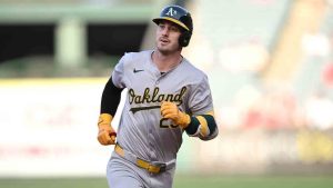 Oakland Athletics' Brent Rooker rounds the bases after hitting a home run against the Los Angeles Angels during the first inning of a baseball game Thursday, July 25, 2024, in Anaheim, Calif. (John McCoy/AP)