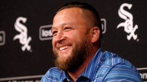 Former Chicago White Sox pitcher Mark Buehrle smiles as he responds to a question about his career before a baseball game between his former club and the Oakland Athletics Friday, June 23, 2017. (AP Photo/Charles Rex Arbogast)