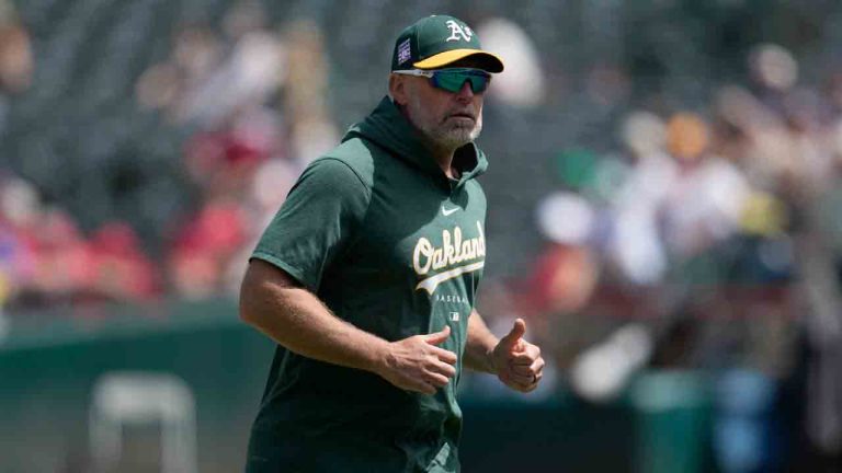 Oakland Athletics manager Mark Kotsay during a baseball game against the Los Angeles Angels in Oakland, Calif., Sunday, July 21, 2024. (Jeff Chiu/AP)