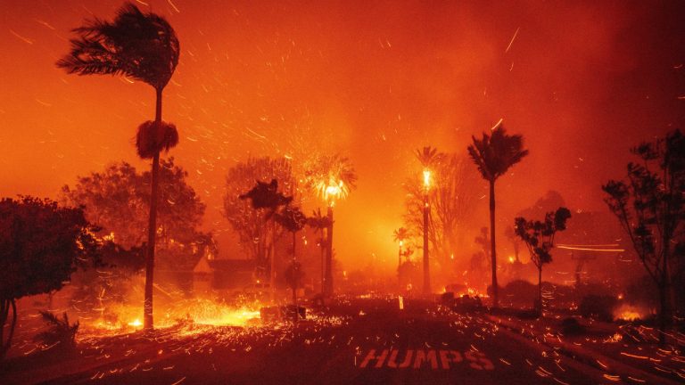 The Palisades Fire ravages a neighborhood amid high winds in the Pacific Palisades neighborhood of Los Angeles, Tuesday, Jan. 7, 2025. (Ethan Swope/AP)