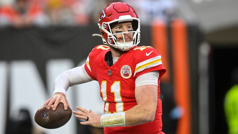 Kansas City Chiefs quarterback Carson Wentz passes in the pocket against the Cleveland Browns during the second half of an NFL game, Sunday, Dec. 15, 2024, in Cleveland. (AP/David Richard)