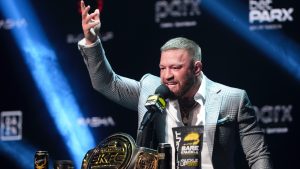 Conor McGregor speaks during a Bare Knuckle Fighting Championship KnuckleMania V boxing news conference. (Matt Rourke/AP)