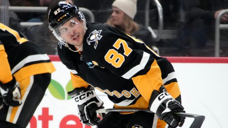 Pittsburgh Penguins' Sidney Crosby prepares to take a face-off during the second period of an NHL hockey game against the Columbus Blue Jackets in Pittsburgh, Tuesday, Jan. 7, 2025. (Gene J. Puskar/AP)